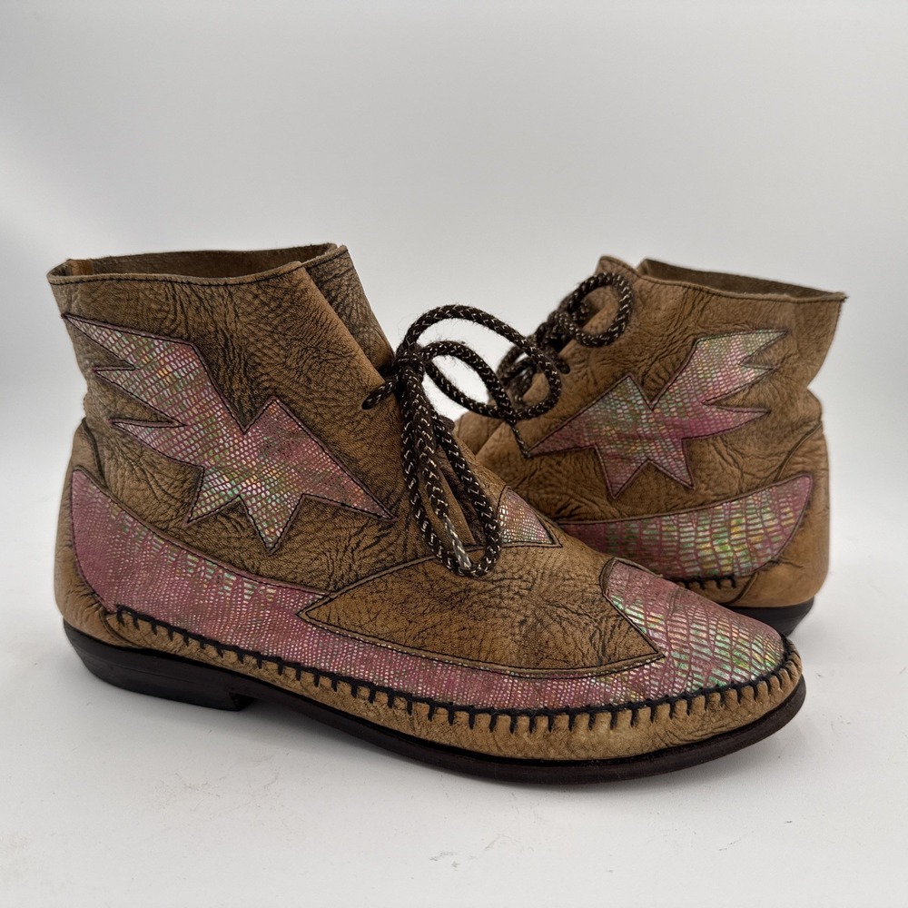 Rare Vintage El Vaquero Italy Metallic Patchwork Star Leather Ankle Boots Boho 7